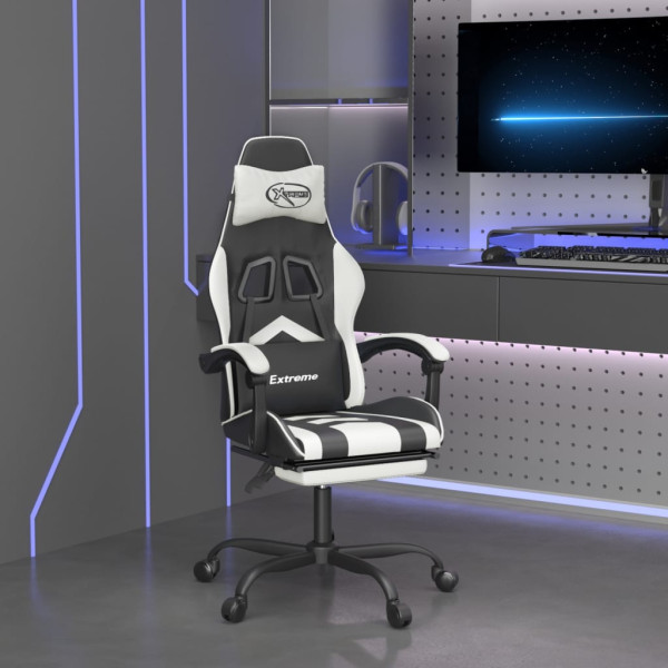 Silla gaming con reposapiés cuero sintético negro blanco D