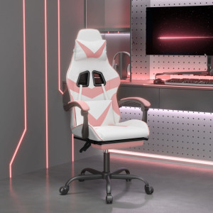 Cadeira gamer com apoio para pés em couro sintético branco e rosa D