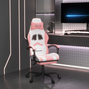 Silla gaming con reposapiés cuero sintético blanco y rosa D