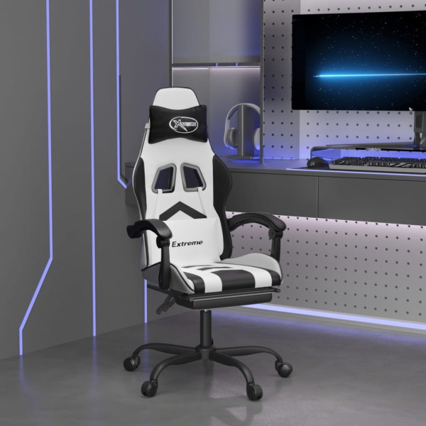 Silla gaming giratoria reposapiés cuero sintético blanco negro D