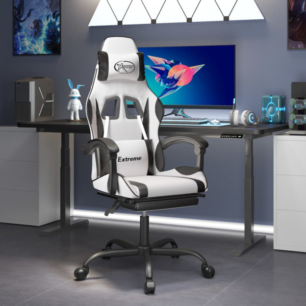 Silla gaming con reposapiés cuero sintético blanco negro D