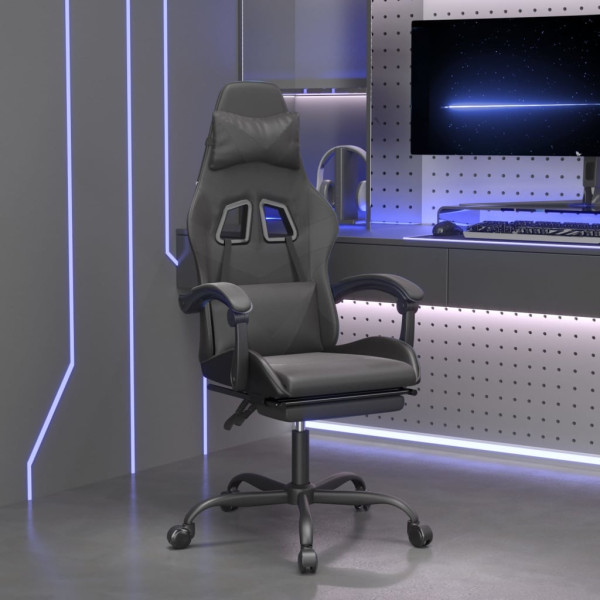 Silla gaming giratoria y reposapiés cuero sintético negro D