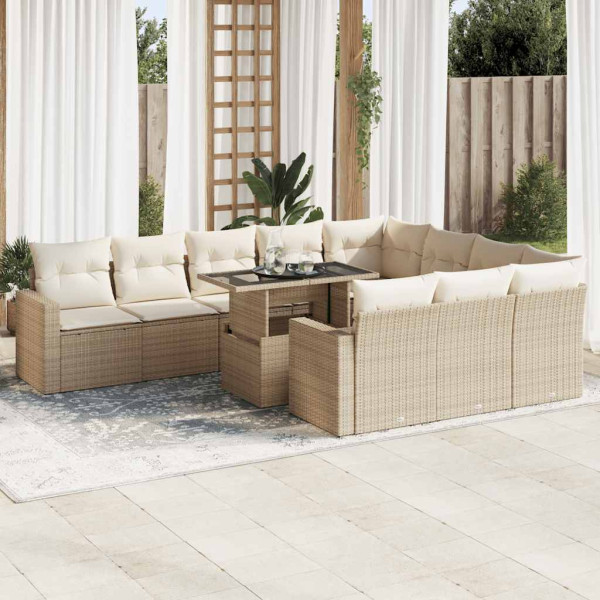 Set de sofás de jardín 11pzas con cojines ratán sintético beige D