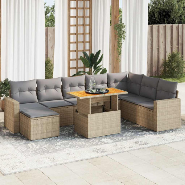 Sofá de jardim com almofadas 9 pcs bege sintético rattan D