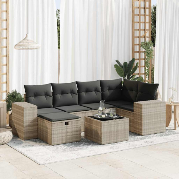 Set de sofás de jardín 7 pzas con cojines ratán PE gris claro Set de sofás de jardín 7 pzas con cojines ratán PE gris claro D
