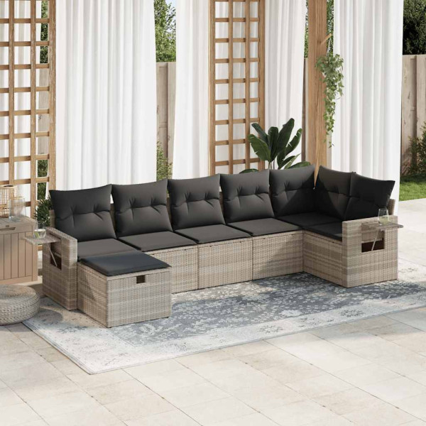 Set de sofás de jardín 7 pzas con cojines ratán PE gris claro Set de sofás de jardín 7 pzas con cojines ratán PE gris claro D