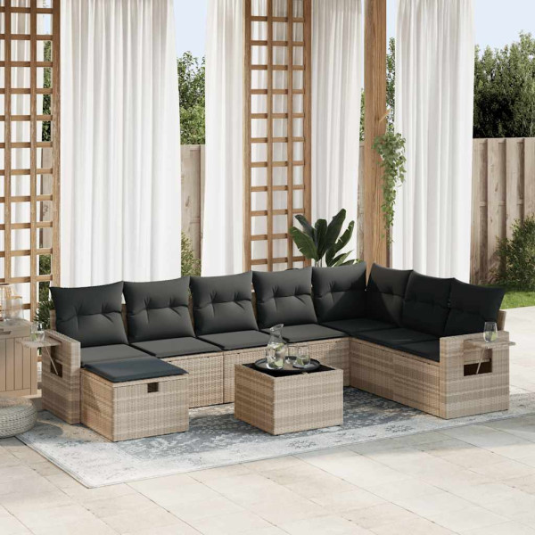 Set muebles jardín 9 pzas y cojines ratán sintético gris claro Set muebles jardín 9 pzas y cojines ratán sintético gris claro D