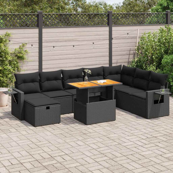 Set sofás jardín y cojines 9 pzas ratán sintético acacia negro D