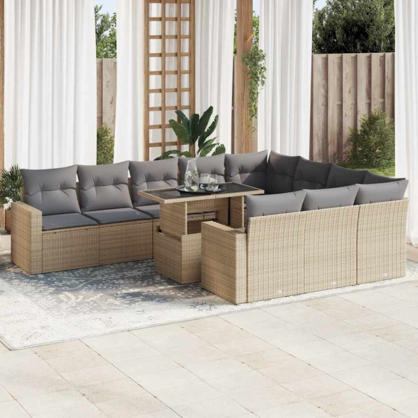 Set de sofás de jardín 11pzas con cojines ratán sintético beige D