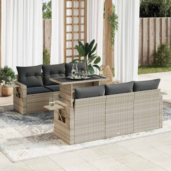 Set de sofás de jardín 7 pzas con cojines ratán PE gris claro D