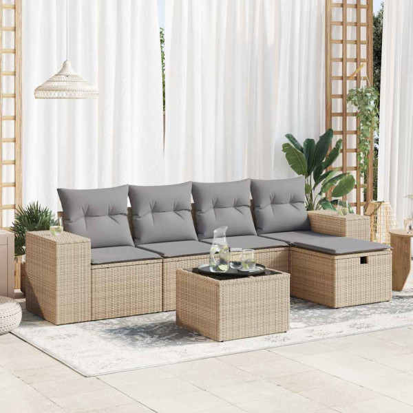 Sofá de jardim com almofadas 6 pcs bege sintético rattan D