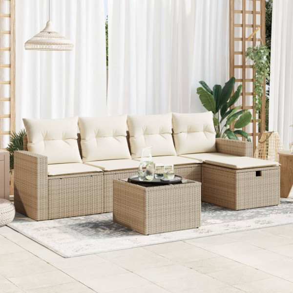 Juego de sofás jardín con cojines 6 pzas ratán sintético beige Juego de sofás jardín con cojines 6 pzas ratán sintético beige D