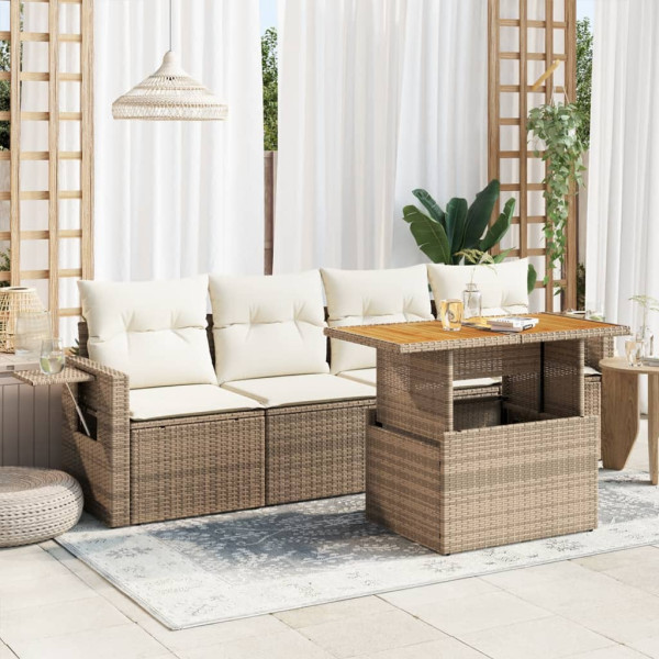 Juego de sofás jardín con cojines 5 pzas ratán sintético beige D