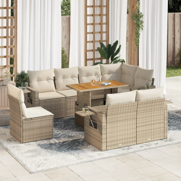 Sofá de jardim com almofadas 9 pcs bege sintético rattan D