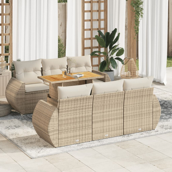 Definir sofás de jardim 7 peças e almofadas de rattan sintético bege D