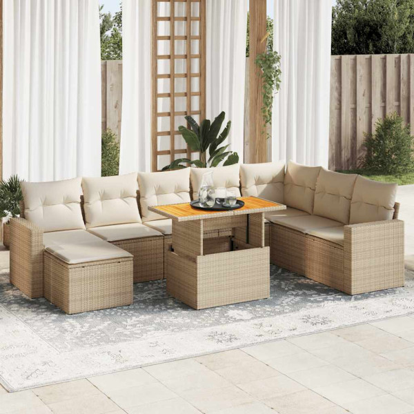 Sofá de jardim com almofadas 9 pcs bege sintético rattan D