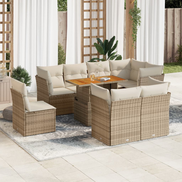 Sofá de jardim com almofadas 9 pcs bege sintético rattan D