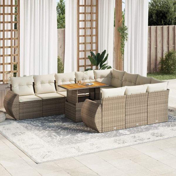 Set de sofás de jardín 11pzas con cojines ratán sintético beige Set de sofás de jardín 11pzas con cojines ratán sintético beige D