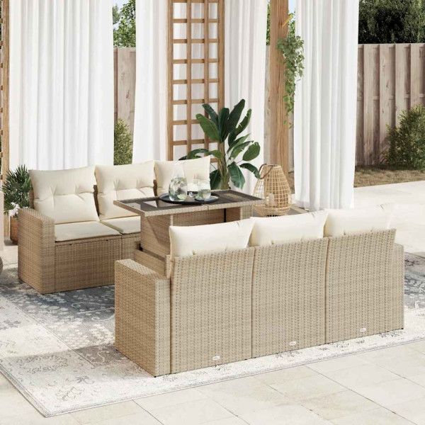 Set sofás de jardín 7 piezas y cojines ratán sintético beige D