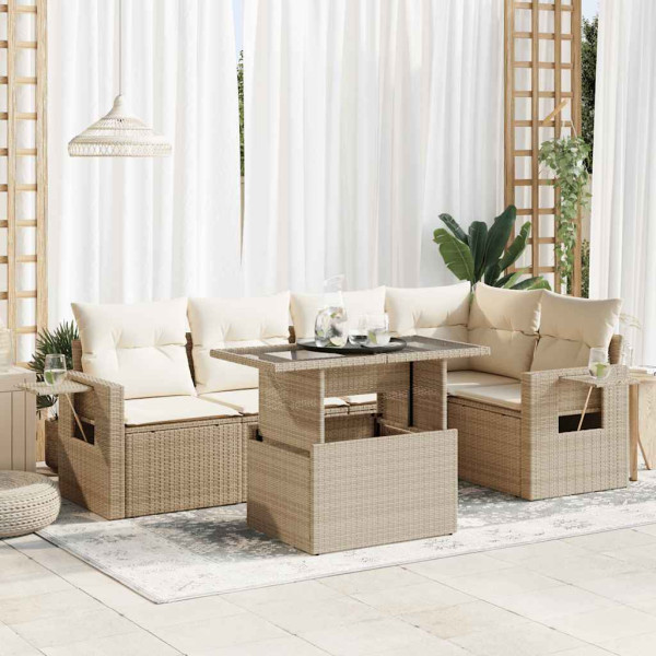 Sofá de jardim com almofadas 6 pcs bege sintético rattan D