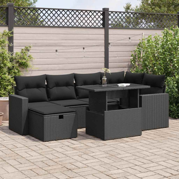 Set de sofás de jardín 7 pzas con cojines ratán sintético negro Set de sofás de jardín 7 pzas con cojines ratán sintético negro D