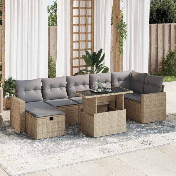 Conjunto de sofás de jardim e almofadas 8 peças bege sintético rattan D