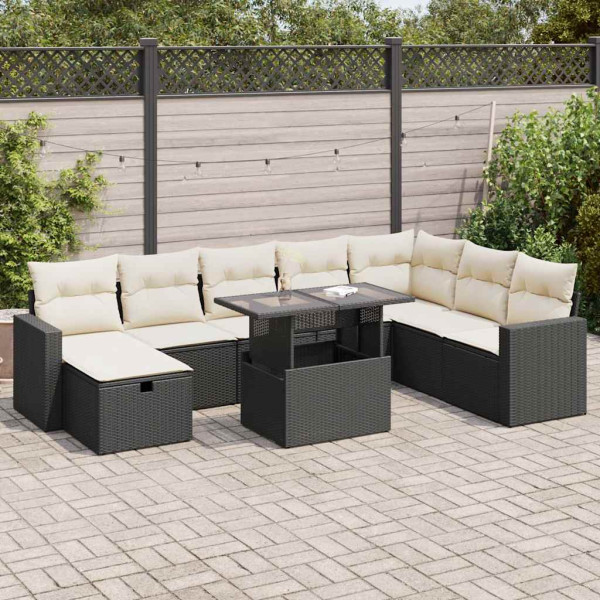 Set de sofás de jardín con cojines 9 pzas ratán sintético negro Set de sofás de jardín con cojines 9 pzas ratán sintético negro D