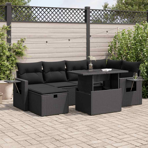 Set de sofás de jardín 7 pzas con cojines ratán sintético negro D