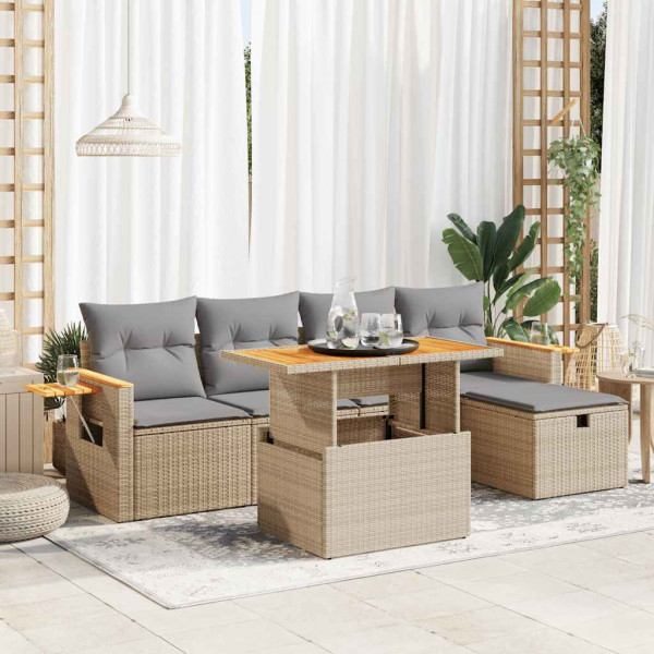 Juego de sofás jardín con cojines 6 pzas ratán sintético beige D