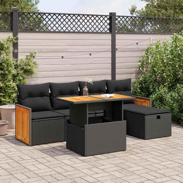 Set de sofás de jardín 6 piezas y cojines ratán sintético negro D