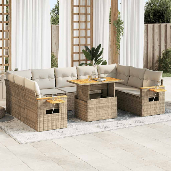 Set sofás jardín y cojines 10 pzas ratán sintético acacia beige D
