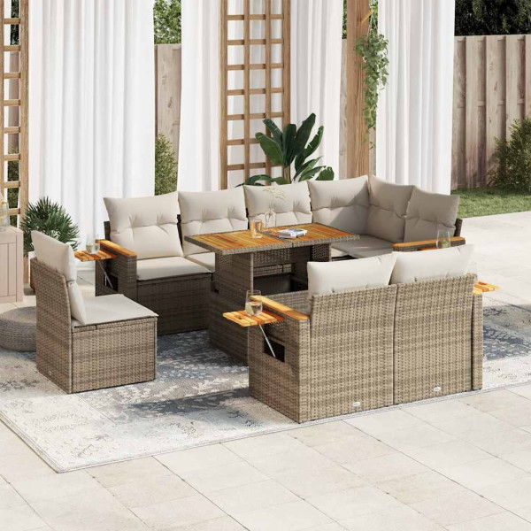 Set sofás jardín y cojines 9 pzas ratán sintético acacia beige D