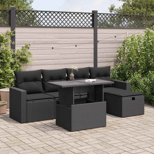 Set de sofás de jardín 6 piezas y cojines ratán sintético negro D