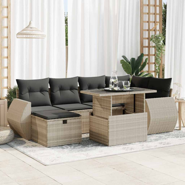 Set de sofás de jardín 7 pzas con cojines ratán PE gris claro Set de sofás de jardín 7 pzas con cojines ratán PE gris claro D