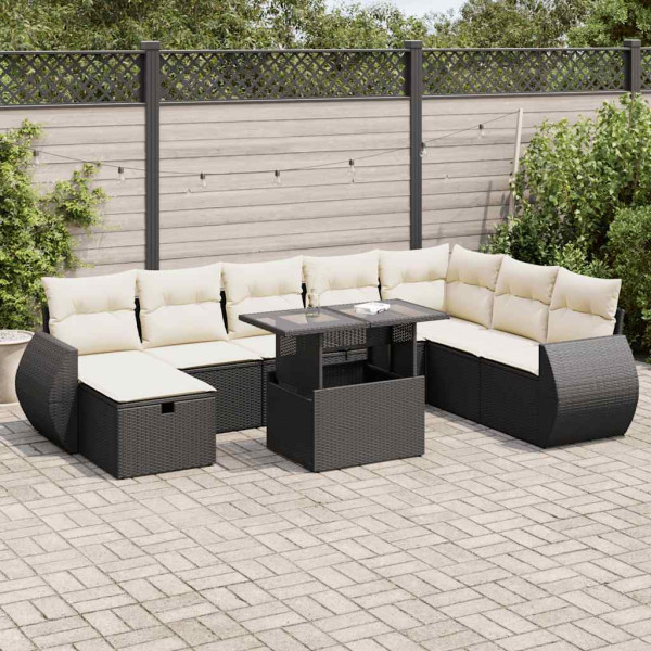 Set de sofás de jardín con cojines 9 pzas ratán sintético negro Set de sofás de jardín con cojines 9 pzas ratán sintético negro D