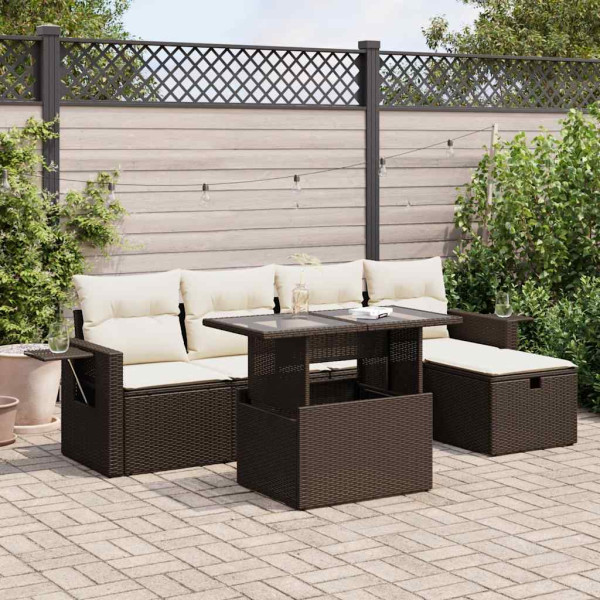 Set sofás de jardín 6 piezas y cojines ratán sintético marrón D