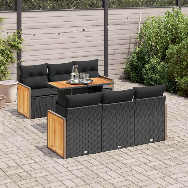 Set sofás jardín y cojines 7 pzas ratán sintético acacia negro D