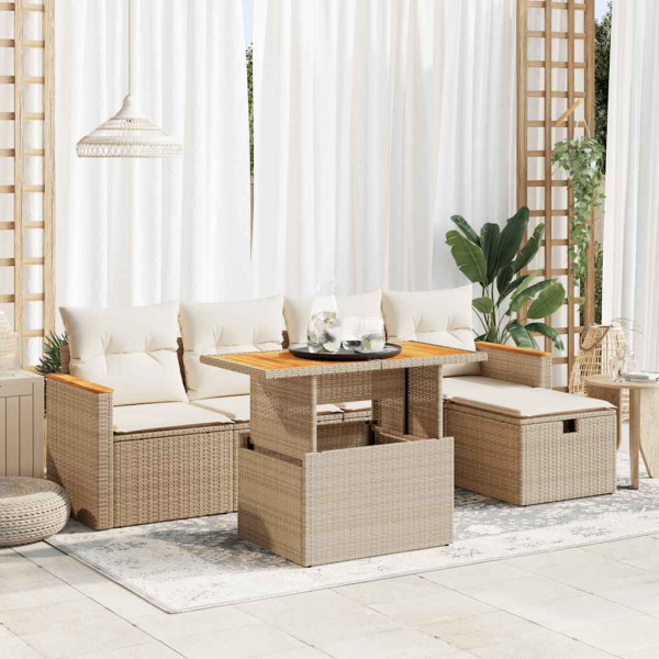 Juego de sofás jardín con cojines 6 pzas ratán sintético beige D