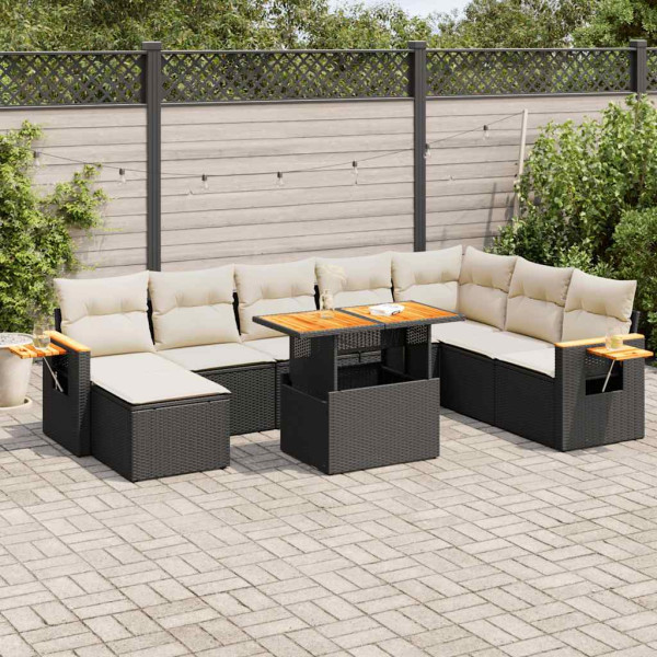 Set sofás jardín y cojines 7 pzas ratán sintético acacia negro D