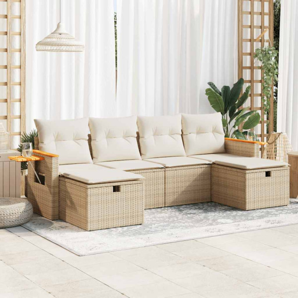 Juego de sofás jardín con cojines 6 pzas ratán sintético beige D