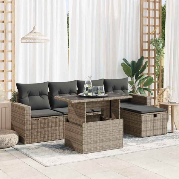 Set de muebles de jardín 6 pzas y cojines ratán sintético gris Set de muebles de jardín 6 pzas y cojines ratán sintético gris D