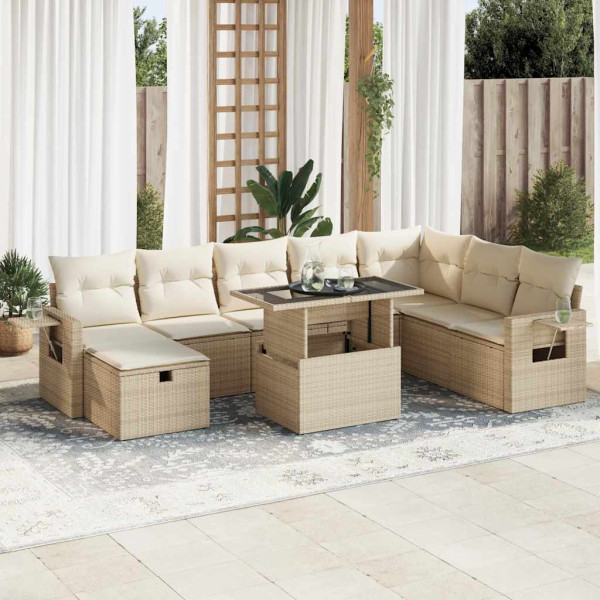 Set de sofás de jardín con cojines 9 pzas ratán sintético beige Set de sofás de jardín con cojines 9 pzas ratán sintético beige D