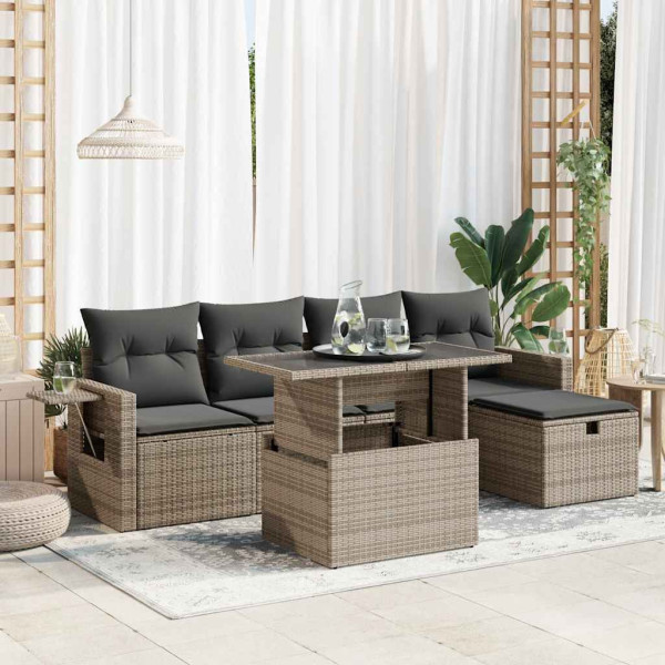 Set de muebles de jardín 6 pzas y cojines ratán sintético gris Set de muebles de jardín 6 pzas y cojines ratán sintético gris D
