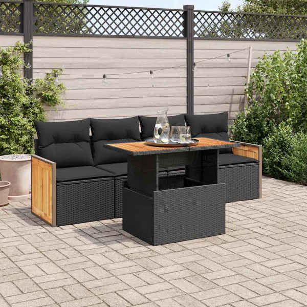 Set sofás jardín y cojines 5 pzas ratán sintético acacia negro Set sofás jardín y cojines 5 pzas ratán sintético acacia negro D