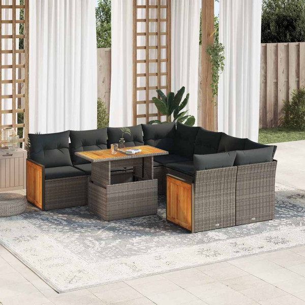 Set sofás jardín y cojines 9 pzas ratán sintético acacia gris Set sofás jardín y cojines 9 pzas ratán sintético acacia gris D