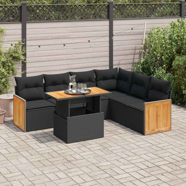 Set sofás jardín y cojines 7 pzas ratán sintético acacia negro Set sofás jardín y cojines 7 pzas ratán sintético acacia negro D