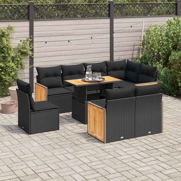 Set sofás jardín y cojines 9 pzas ratán sintético acacia negro D