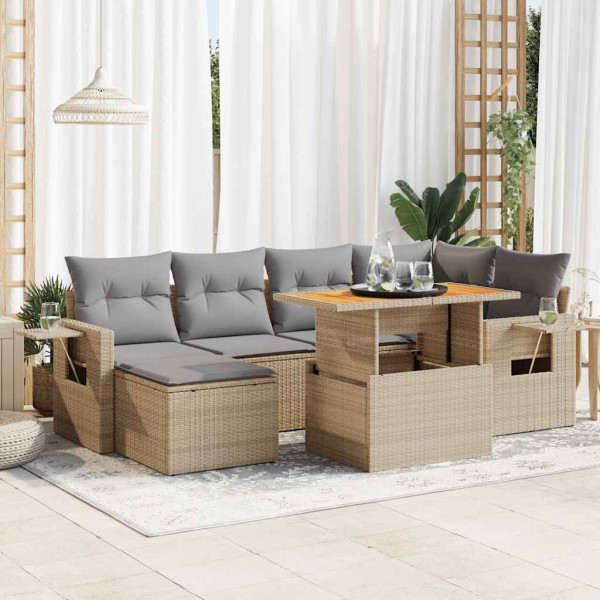 Set sofás de jardín 7 piezas y cojines ratán sintético beige D