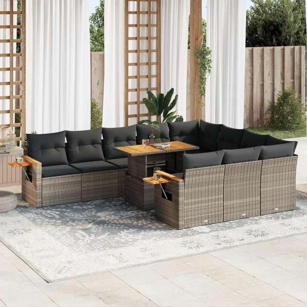 Set sofás jardín y cojines 10 pzas ratán sintético acacia gris D