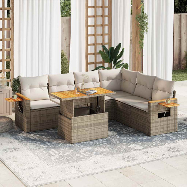 Set sofás jardín y cojines 6 pzas ratán sintético acacia beige D